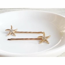 Gold Starfish Hair Pins, Beach Hair Pins, Rhinestone Hair Pins, Sea Shell Bobby