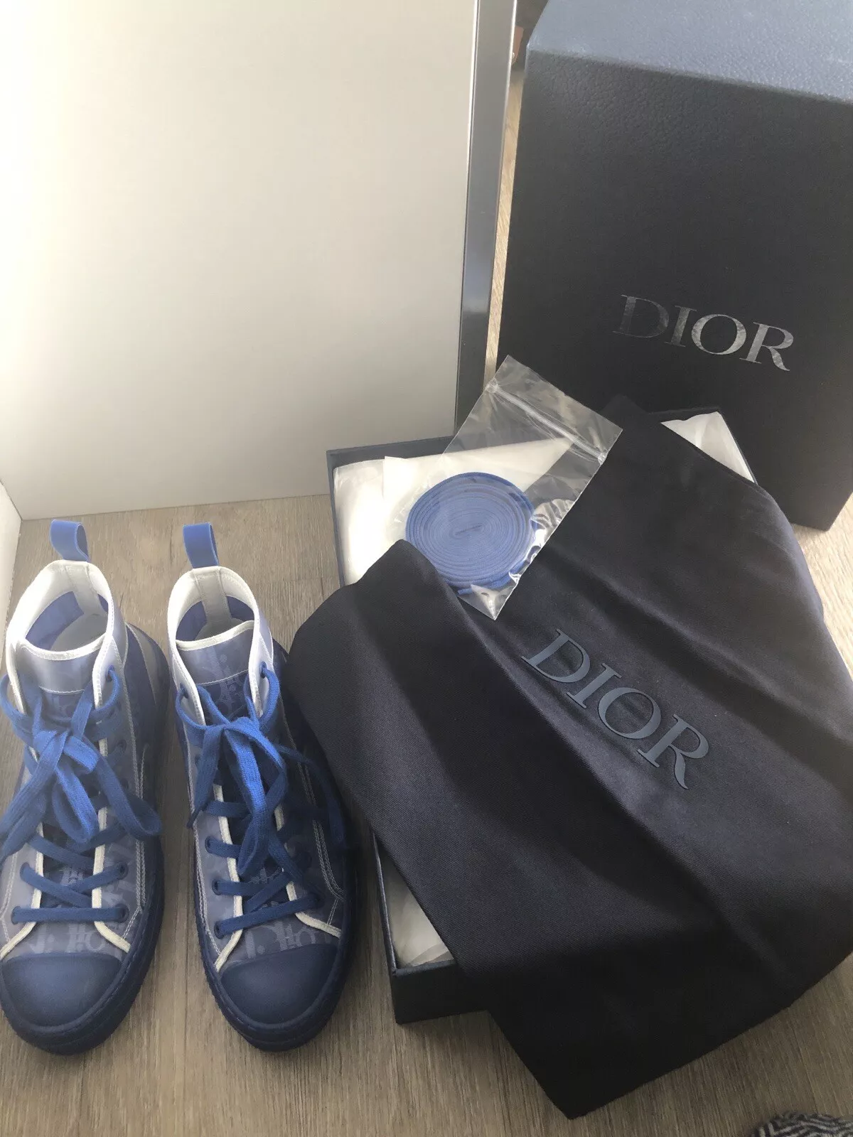 Baskets montantes DIOR B23 bleu monogramme toile maille caoutchouc 6UK/ 39 EU