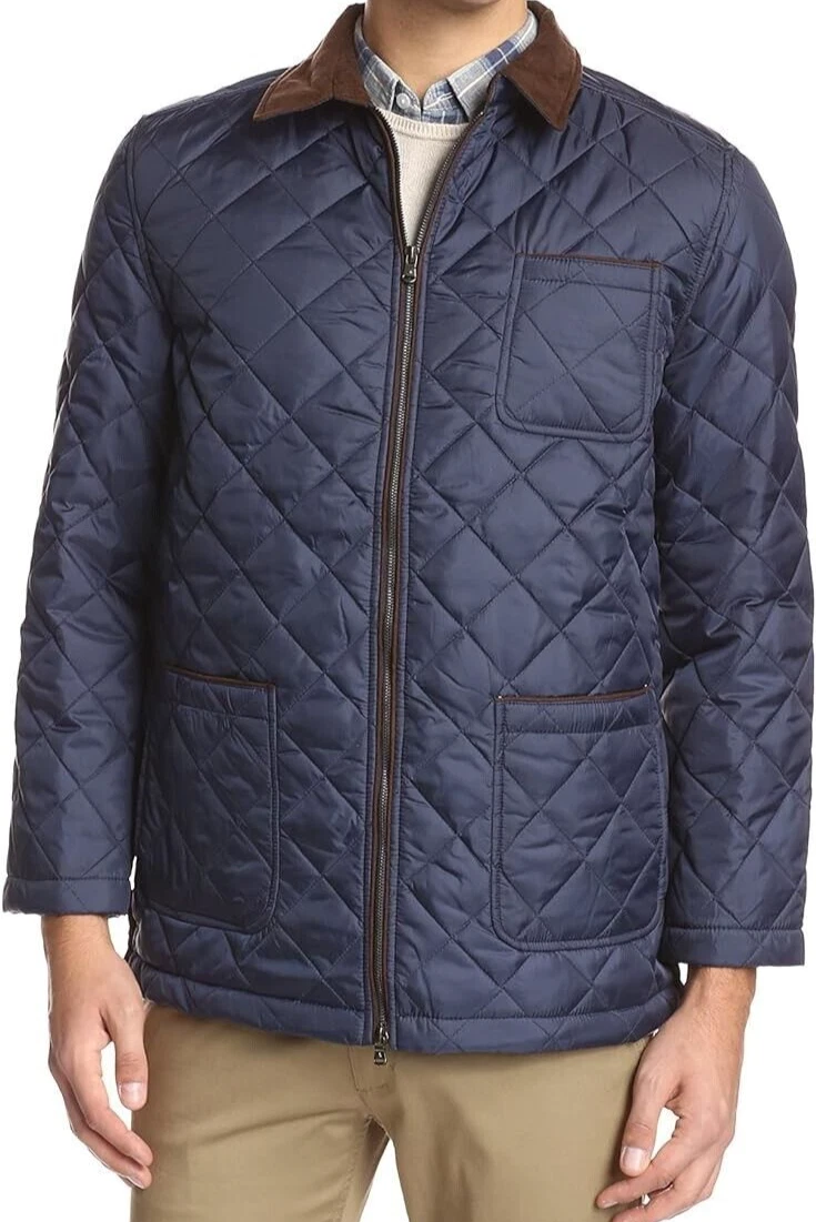 Thaddeus Men's Barney Chest Pocket Quilted Brown Trim Zip Jacket, Navy, Large