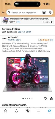 ACEMAGIC 15.6in Laptop Ryzen 7 16GB RAM 512GB SSD Radeon FHD Black