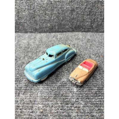 Vintage Toy Car Lot Blue Plastic Friction Sedan USA & Brown Rubber Convertible