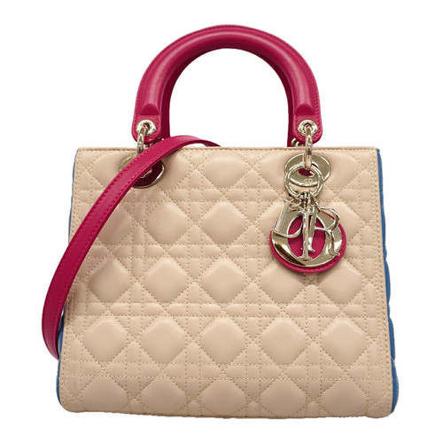 Christian Dior Lady Dior Handbag Leather Beige / Pink / Blue Women's #OTB686