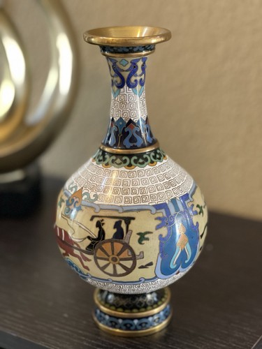 Frühe chinesische Cloisonné Vogel Pferd Wagen Wolke Emaille Messing Handarbeit Vase - Bild 4 von 9