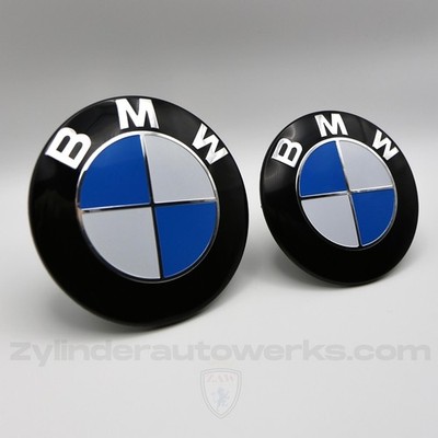 2pcs BMW Black Ring Emblems Hood and Trunk with Pre-installed 3M Tape 82mm 74mm