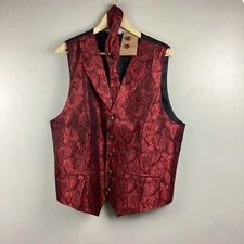 Barry Wang Men’s Red Waistcoat Paisley Vest W/Tie & Cuff Links Set Sz. XL