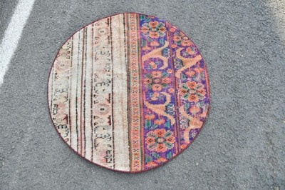 3,1x3,1 ft Rug, Round Vintage Rug, Blue Check Rug