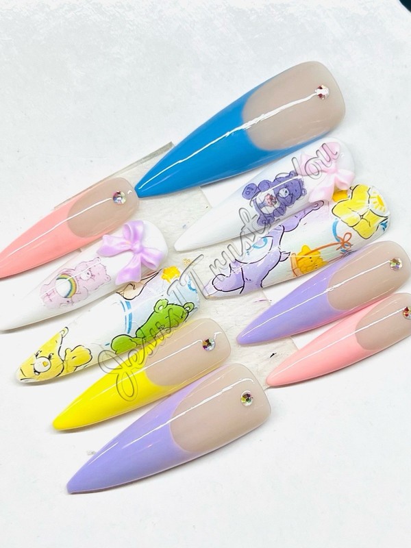 FRENCH CAREBEARS- XL STILETTO - HARD GEL PRESS ON NAILS 💅 HANDMADE