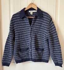 VTG Eddie Bauer Women's L 100 Wool Cardigan Sweater Long Sleeve Blue Collar