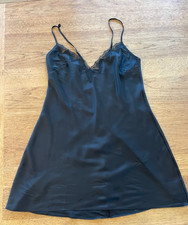 Victoria's Secret Black LARGE Very Sexy Satin Rose Lace-Trim Mini Slip Dress
