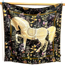 35"x35"Golden Horse Print Pure Mulberry Twill Silk 14momme Scarf 88x88cm5-189