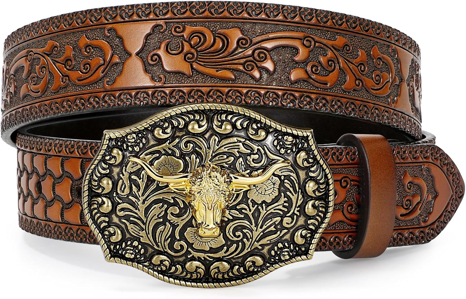Western Cowboy Leather Belt for Men Longhorn Bull Buckle Belt 1.5"" Wide Floral E