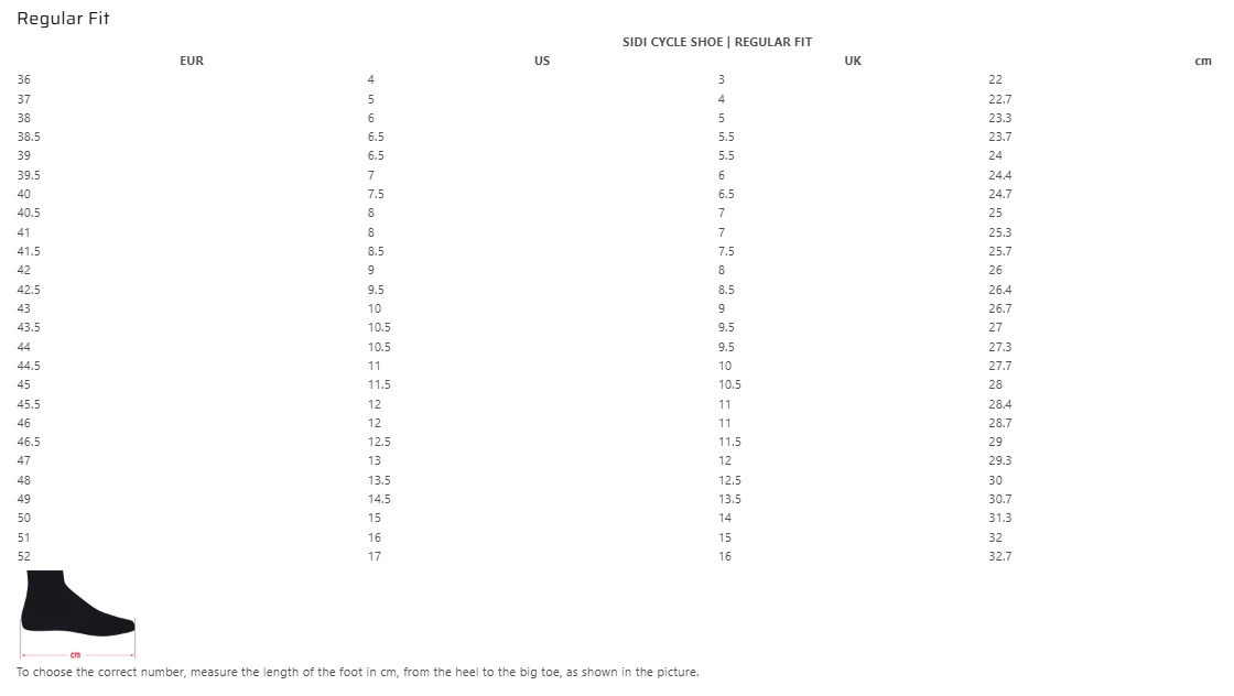 Cycling shoe size chart EU UK US