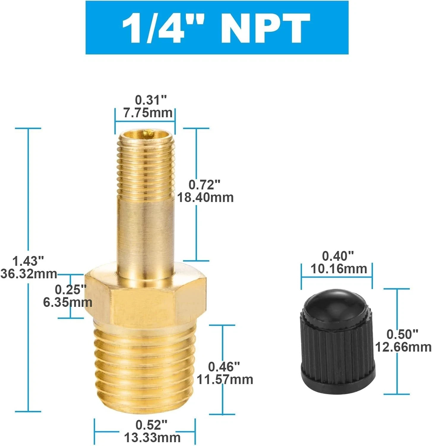 4 PCS Brass Air Inflator Adapter, 1/4" NPT (M) to Standard Schrader Valve (M) 