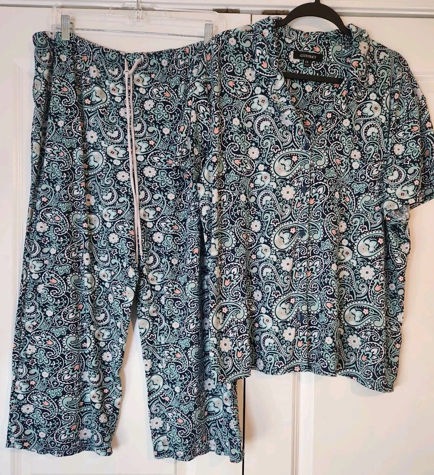 Conjunto de Pijama Ellen Tracy Talla Grande 1X 16-18 Capri Longitud Botón Delantero Manga Corta Foto 2 de 4