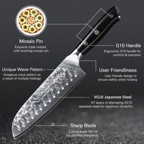 6x Kitchen Cleaver Santoku Chef Knife Japan VG10 Damascus Steel Knife Block Set - Picture 6 of 13