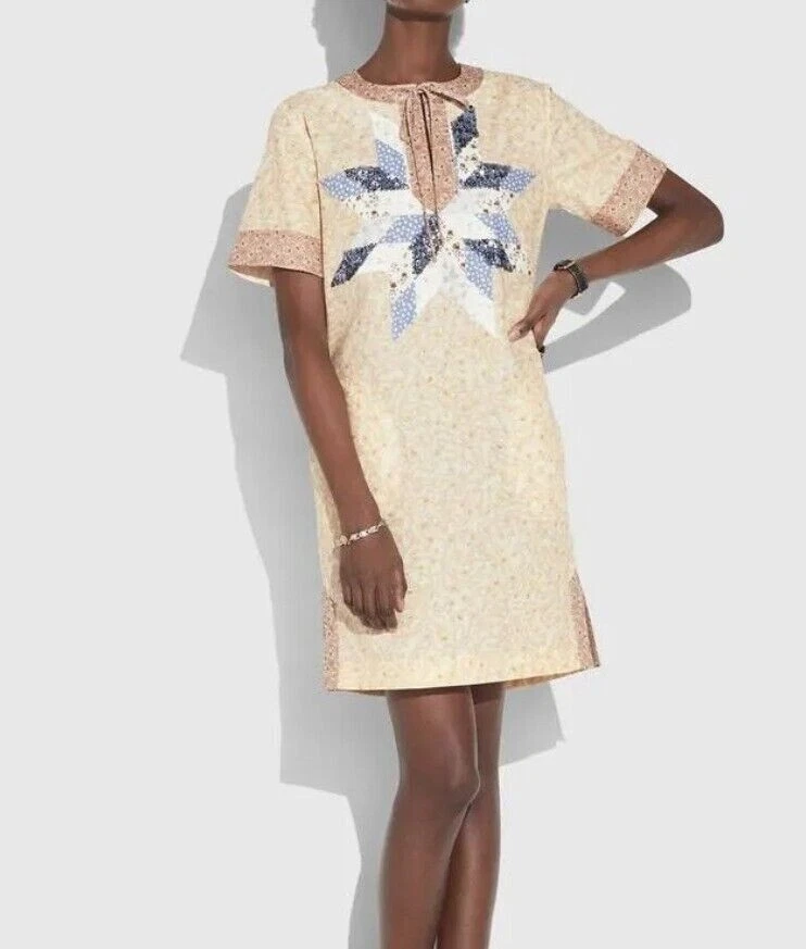 Abito T Shirt Trapuntato Coach x Keith Haring Donna Tg 2 Multi Patchwork Lino Nuovo con etichette