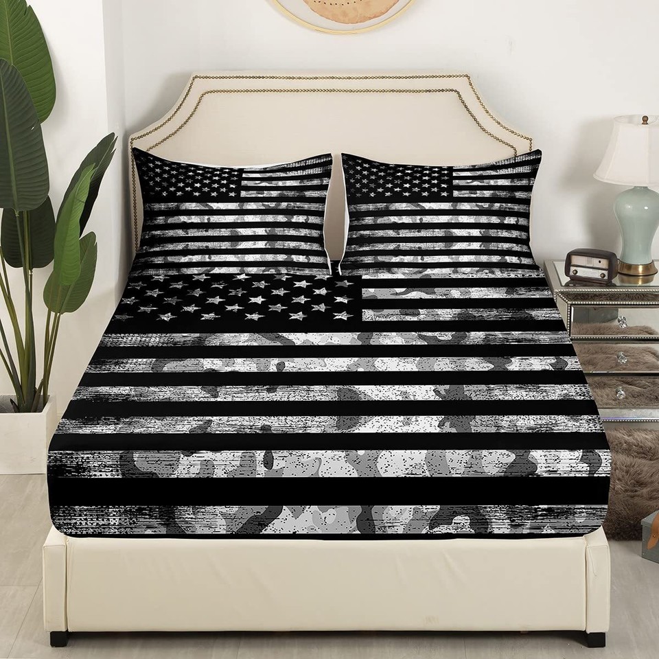 Camo American Flag Bed Sheets Set King,Vintage Grey Black Army