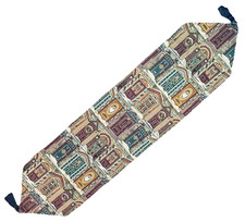 Christmas Holiday Tapestry Table Runner 62"x13" Houses Santa Tassels NWOT