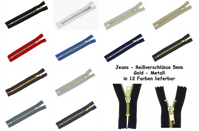 5 x Jeans - Reißverschluss J Metall Gold nicht-teilbar 5mm Jeansreissverschlüsse
