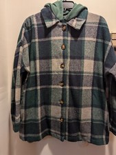 Women's Small Flannel Button Front Hooded Shirt Jacket Green Plaid New