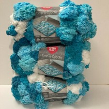 Red Heart Pomp A Doodle Jumbo Yarn Aquamarine Pom Pom Blue White 3 Skeins Craft