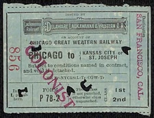 1910 Delaware Lackawanna & Western Railroad Ticket Chicago Kansas City Colonist