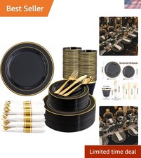 350 Pieces Black and Gold Plastic Plates with Disposable Silverware, Include ...