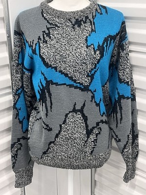 Vintage 80s 90s Cosby Style Frontline Sweater  Teal Blue Chunky Knit Retro