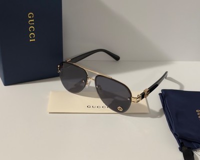 Gucci GG1220S Aviator Sunglasses Black Gold Metal | Ships Today