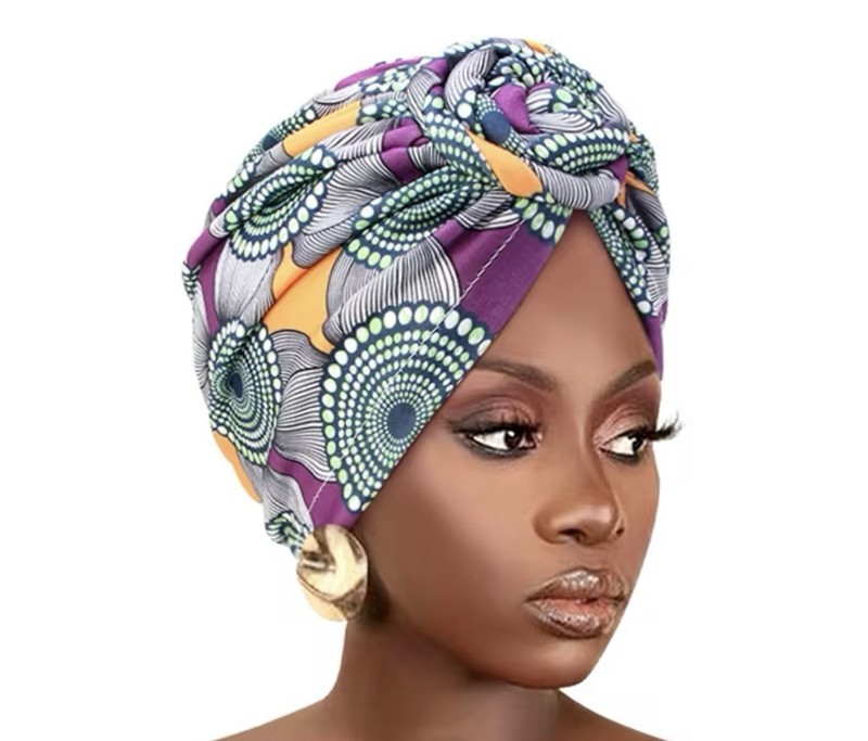 Women’s Multicolor Geometric Turban Headwrap Hat w/ Knot Accent, One Size