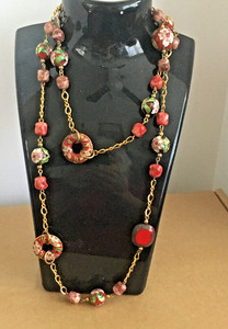 VINTAGE AMAZING RED GOLD TONE CLOISONNE BEADED NECKLACE 32" UNUSAL  ESTATE