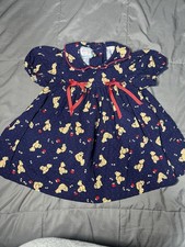 Vintage 90s Toddler Girls Blue Teddy Bear Dress Size 3T Red Bows Cotton Smocked