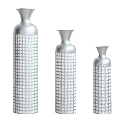 3 Pack Silver Metal Vase Set, Nested Semi-Handcrafted Embossed Vases