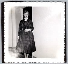Vtg B&W Snapshot Pretty Woman Polka Dot Dress White Collar Fashion 1950s
