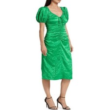 Ganni Bright Kelly Green Crinkled Puffed Sleeve Ruched Dress 34 2 Statement