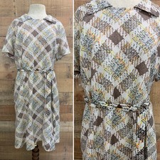 Vintage 1960s 1970s Mod Geometric Belted Dress 48  Bust /44  Waist