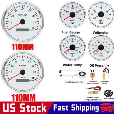 6 Gauge Set With Sensor 110mm GPS Speedometer 80MPH&Tacho 8000RPM Gauge for Boat