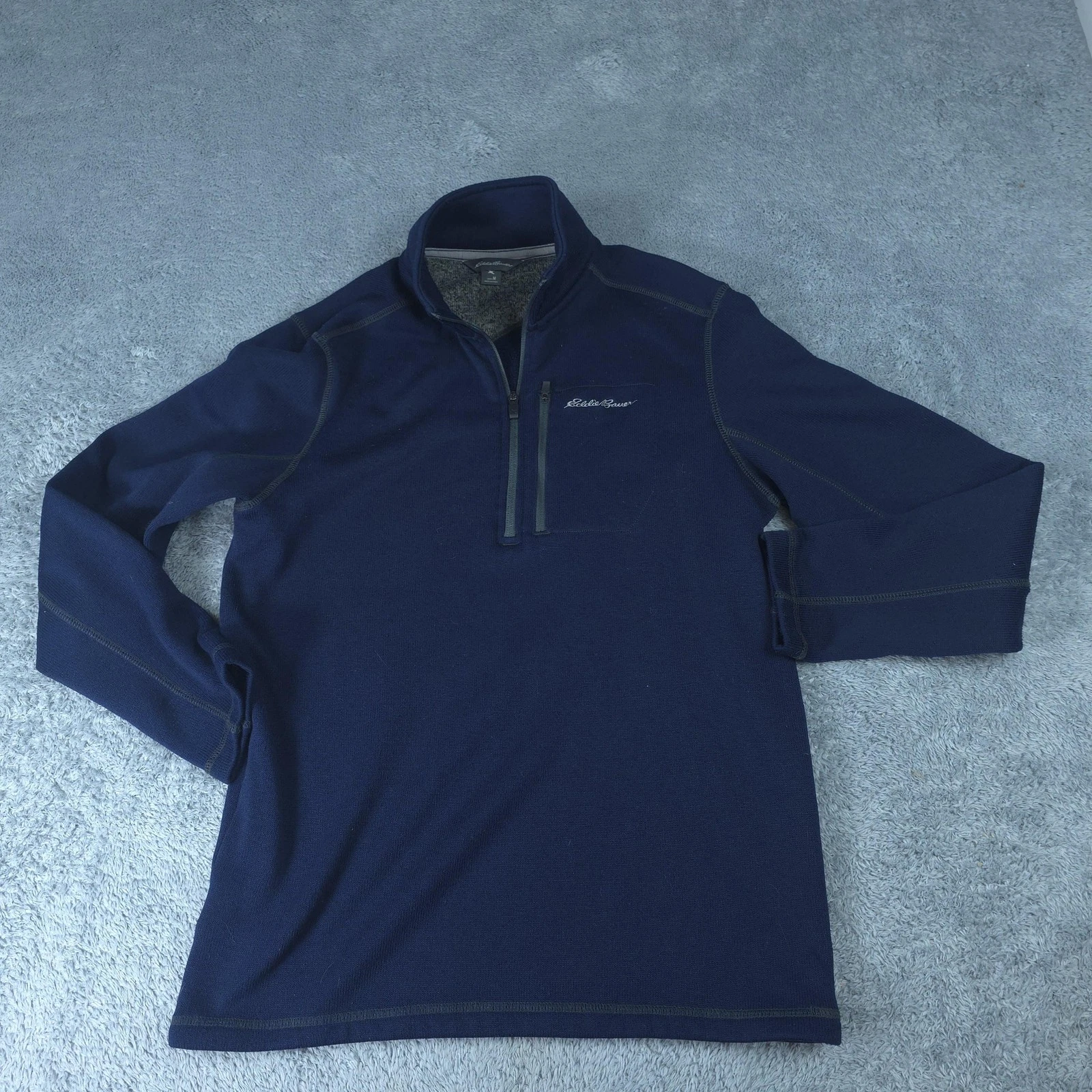 Eddie Bauer Pullover Mens Medium Blue 1/4 Zip Fleece Mock Neck Hiking Top
