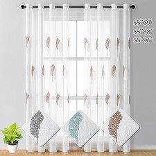 Pair Embroidered Sheer Curtains Voile Eyelet White Valances Drapes Yarn Bedroom