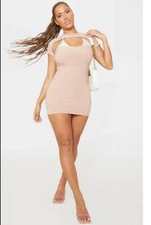 Shape Soft Brown Colour Block Slinky Cut Out Bodycon Dress