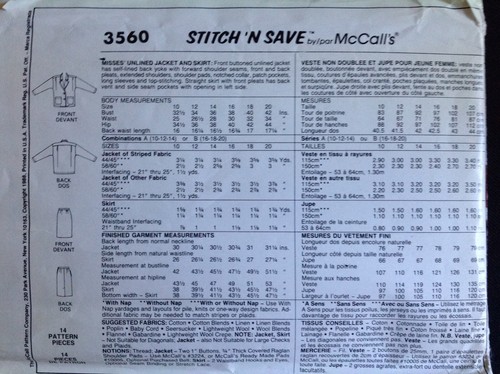 Pattern Stitch ’n Save 3560 misses unlined jacket and skirt, retro 80s - Picture 2 of 2