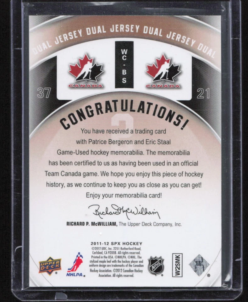 2011-12 SPx #WC-BS Patrice Bergeron / Eric Staal Winning Combos - Image 2 of 2
