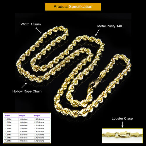 Collar de cadena de cuerda de oro amarillo de 14 K para hombre y mujer de 1,5 mm 16"" - 24"" pulgadas - Imagen 3 de 5