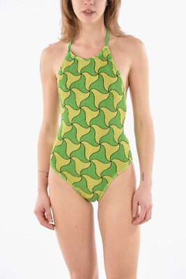 BOTTEGA VENETA crinkle effect green triangles one piece swimsuit 