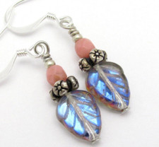 Leaf Beaded Earrings Blue Rose Silver Plate Boho Spring Chic