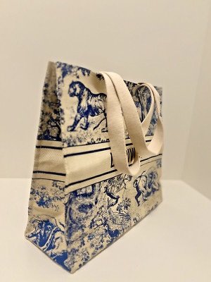  CHRISTIAN DIOR  Straw Dioriviera Shopper Tote Ivory and Blue Toile Print LRG