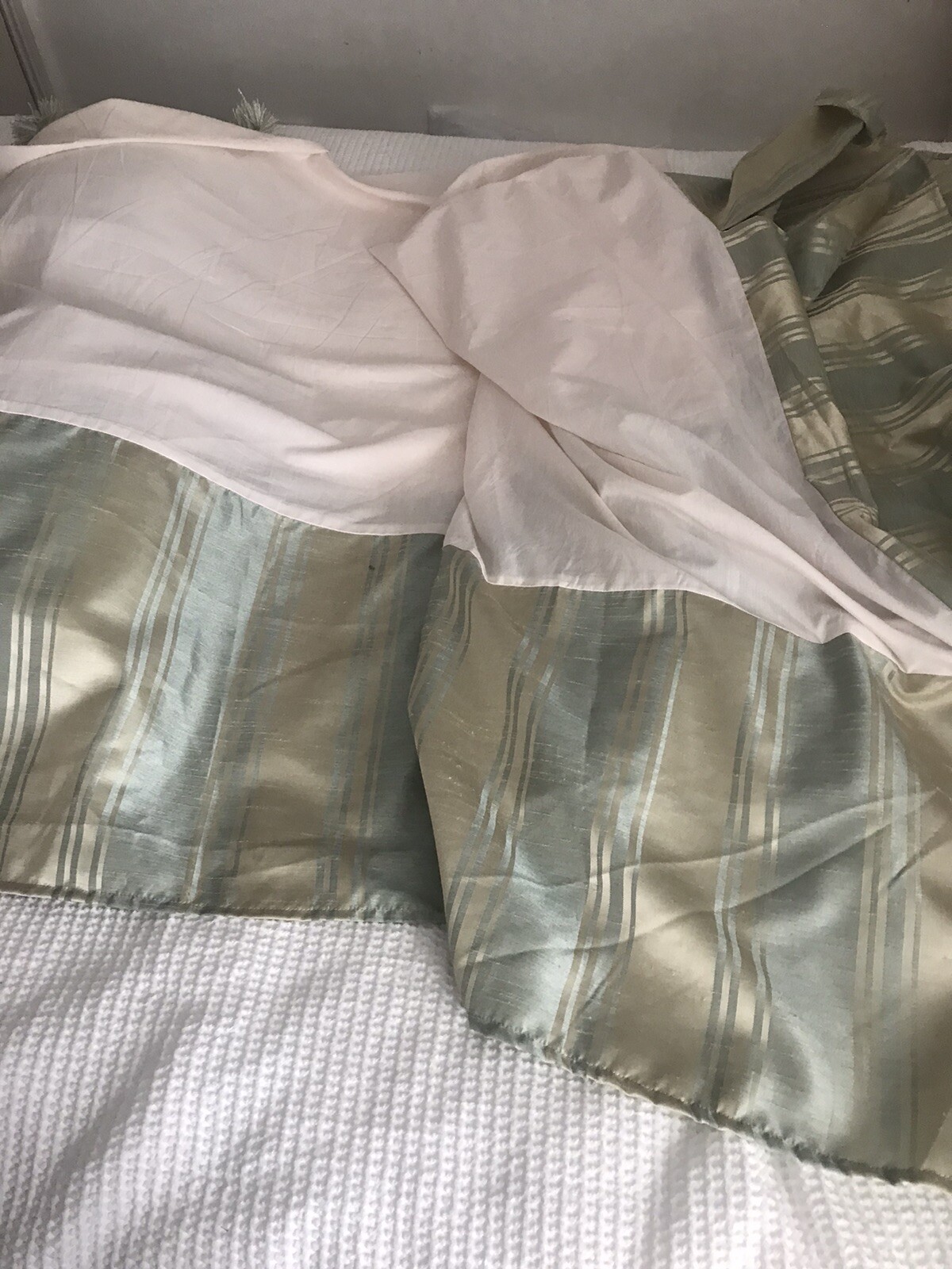 Dunelm Duck Egg Blue/Gold damask Double Duvet Set, Curtains Cushions