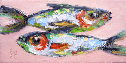 Sardines Original Oil Painting Kitchen Wall art Fish Wall Decor Canvas 4x8 inch