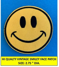 YELLOW SMILEY FACE EMOJI VINTAGE EMBROIDERED PATCH - IRON ON/SEW ON (2.75" DIA)