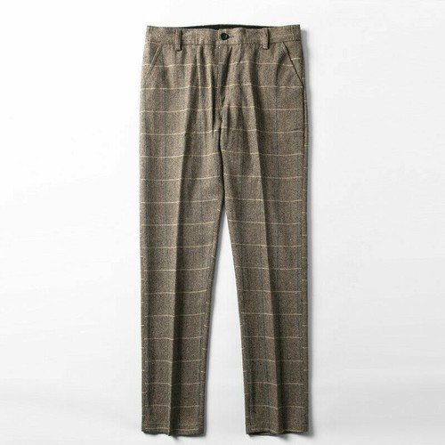 Pantalone uomo tweed spina di pesce retrò inglese check misto lana pantalone dritto slim - Foto 2 di 14